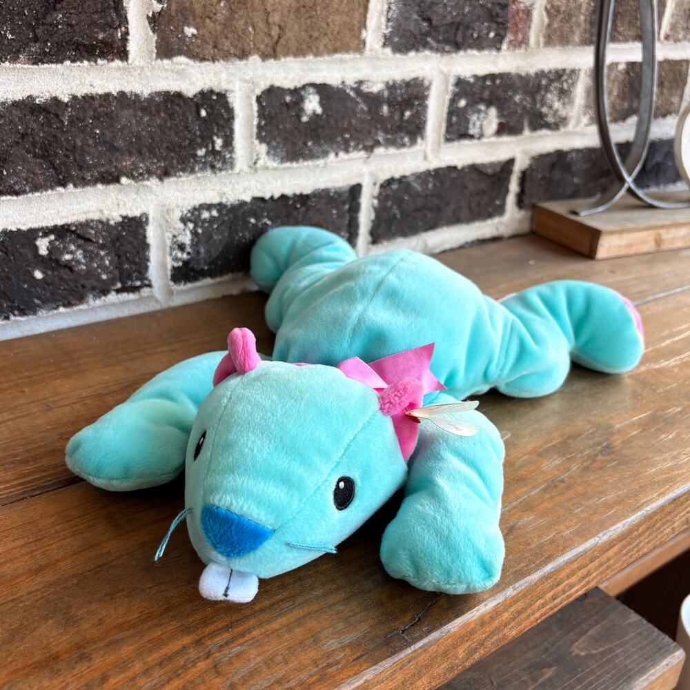 Vintage 1999 TY Pillow Pals Chewy Beaver 17" Teal Pink Plush With Tags